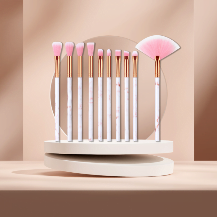 10 marble patterned makeup brush set with fan-shaped brush