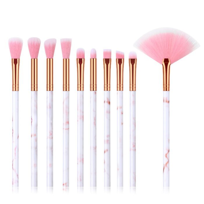 10 marble patterned makeup brush set with fan-shaped brush