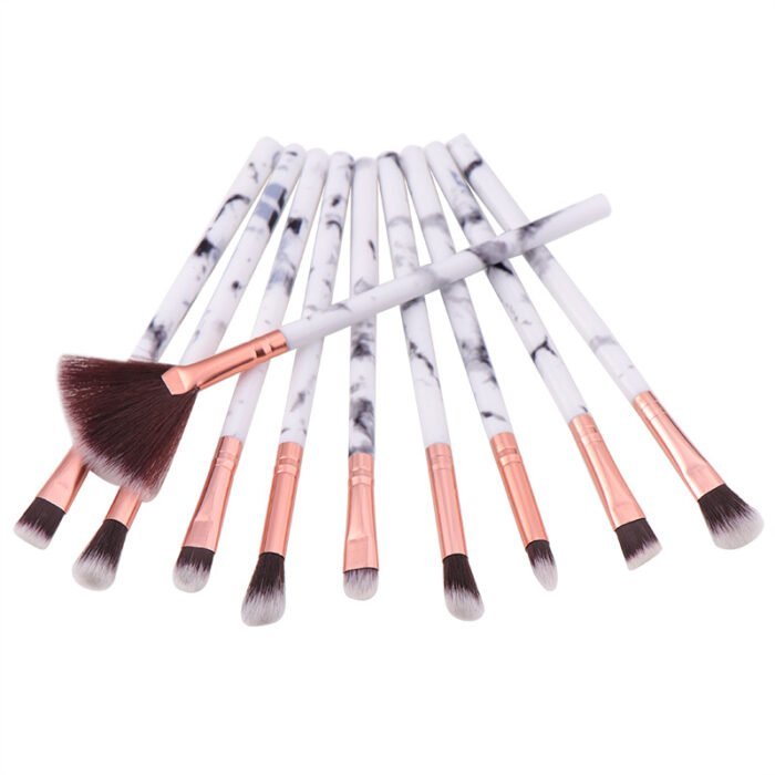 10 marble patterned makeup brush set with fan-shaped brush