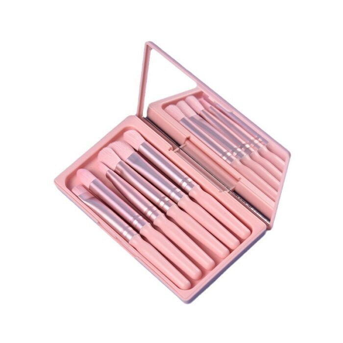 A set of 6 makeup brushes accompanied by a mirror