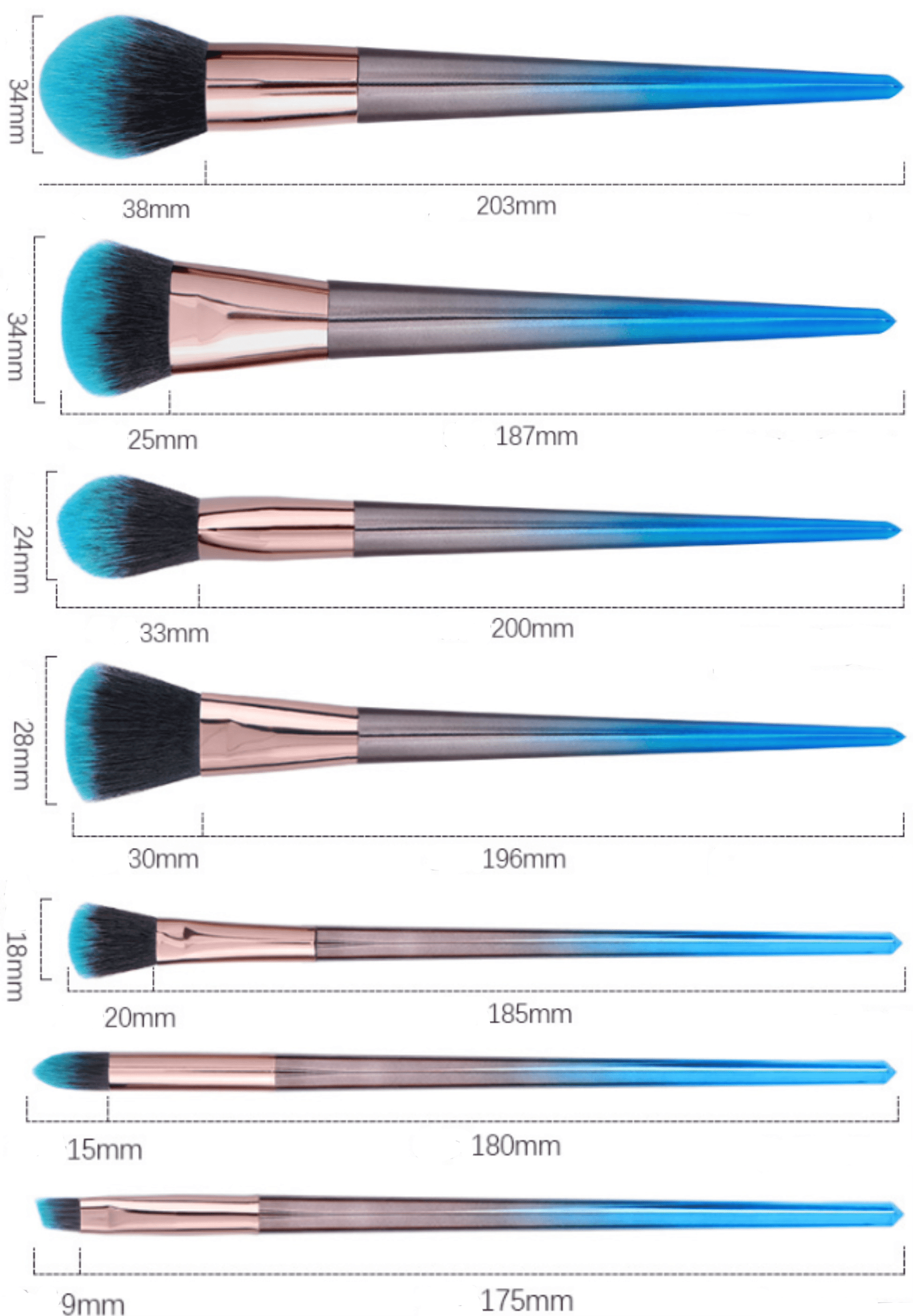 A set of 7 gradient blue makeup brushes