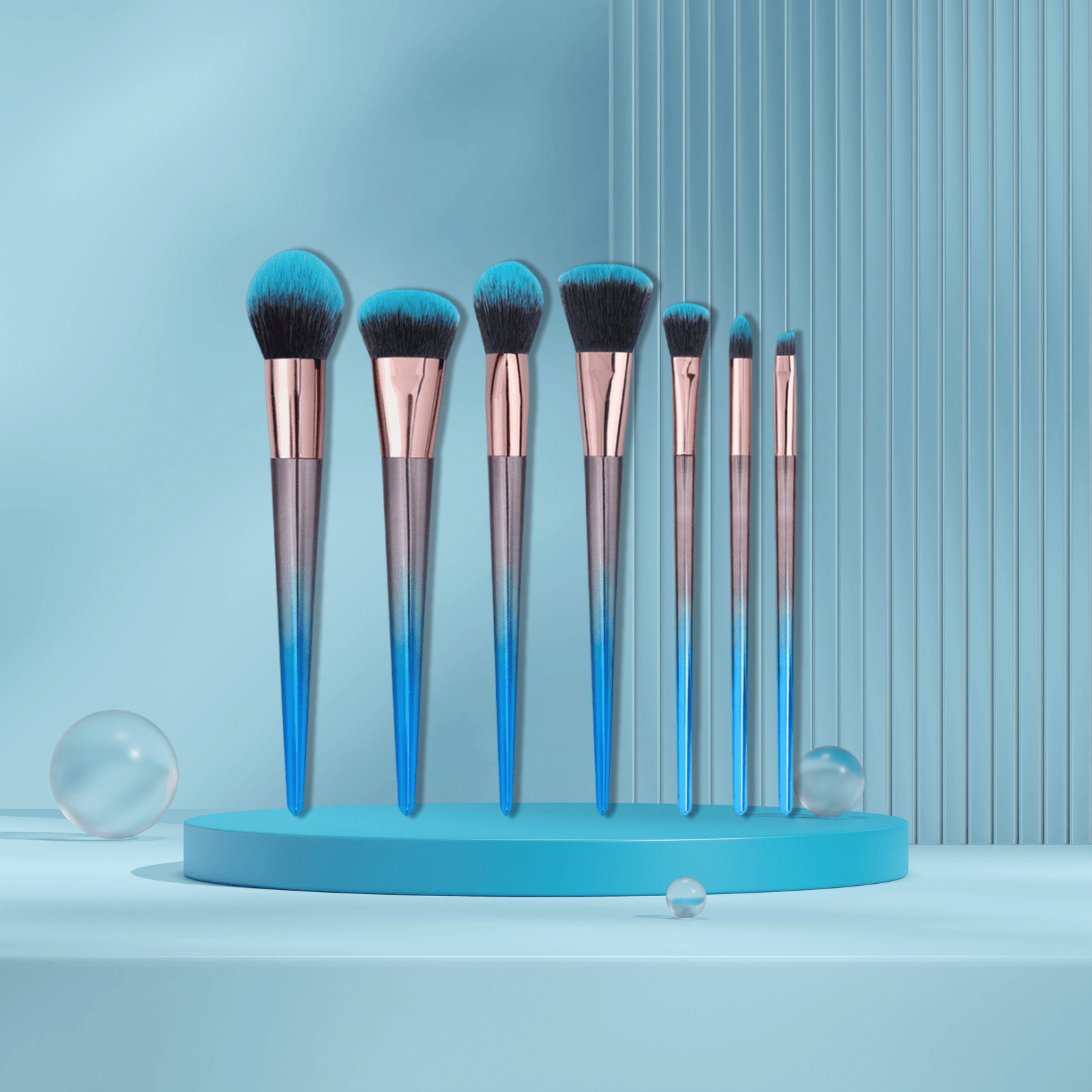 A set of 7 gradient blue makeup brushes