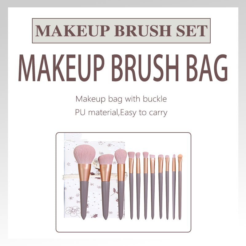 Set of 11 cream tea makeup brushes with wooden handles