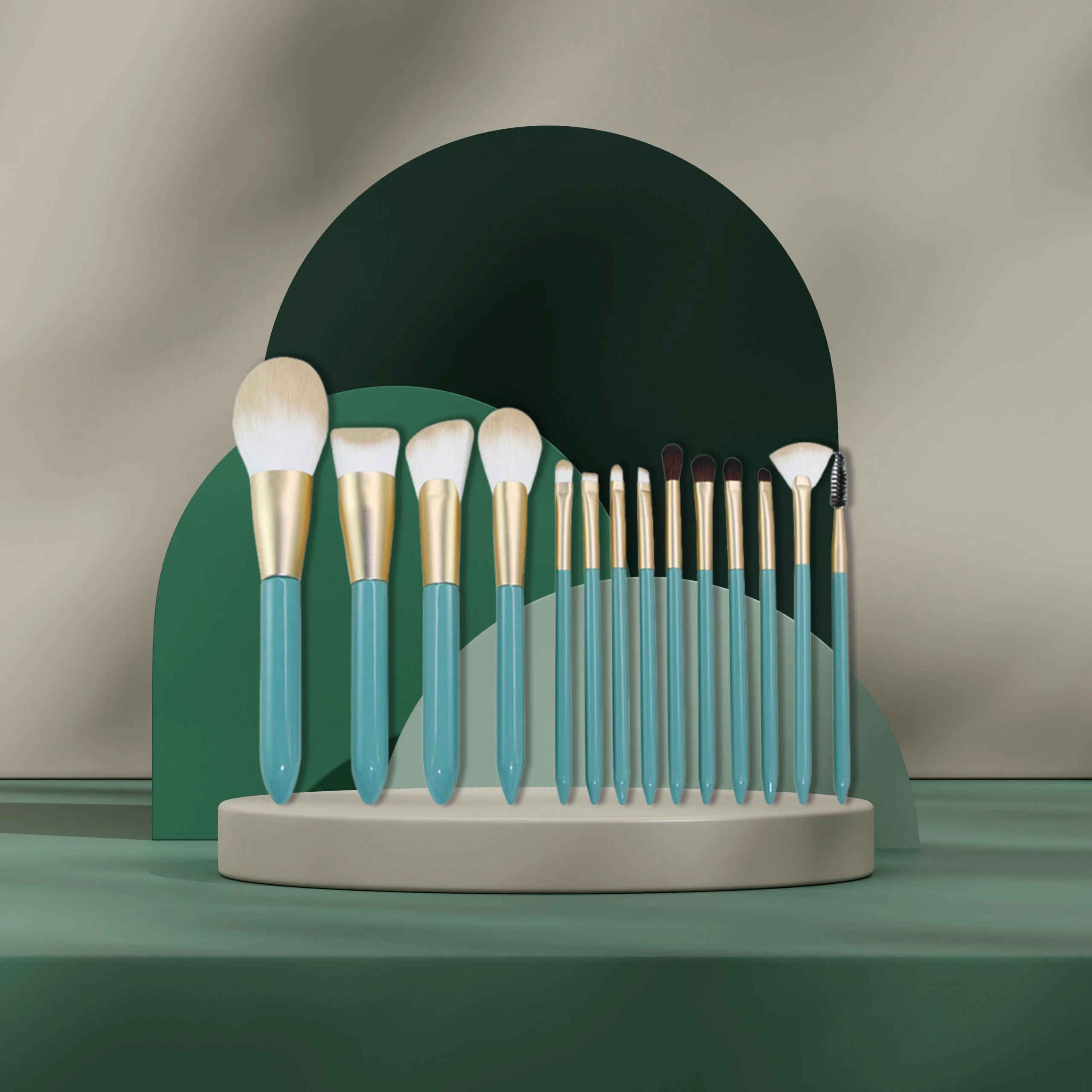 Set of 14 makeup brushes with lake blue wooden handles