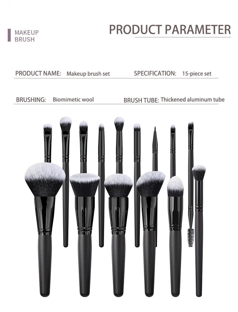 15 sets of premium black makeup brushes