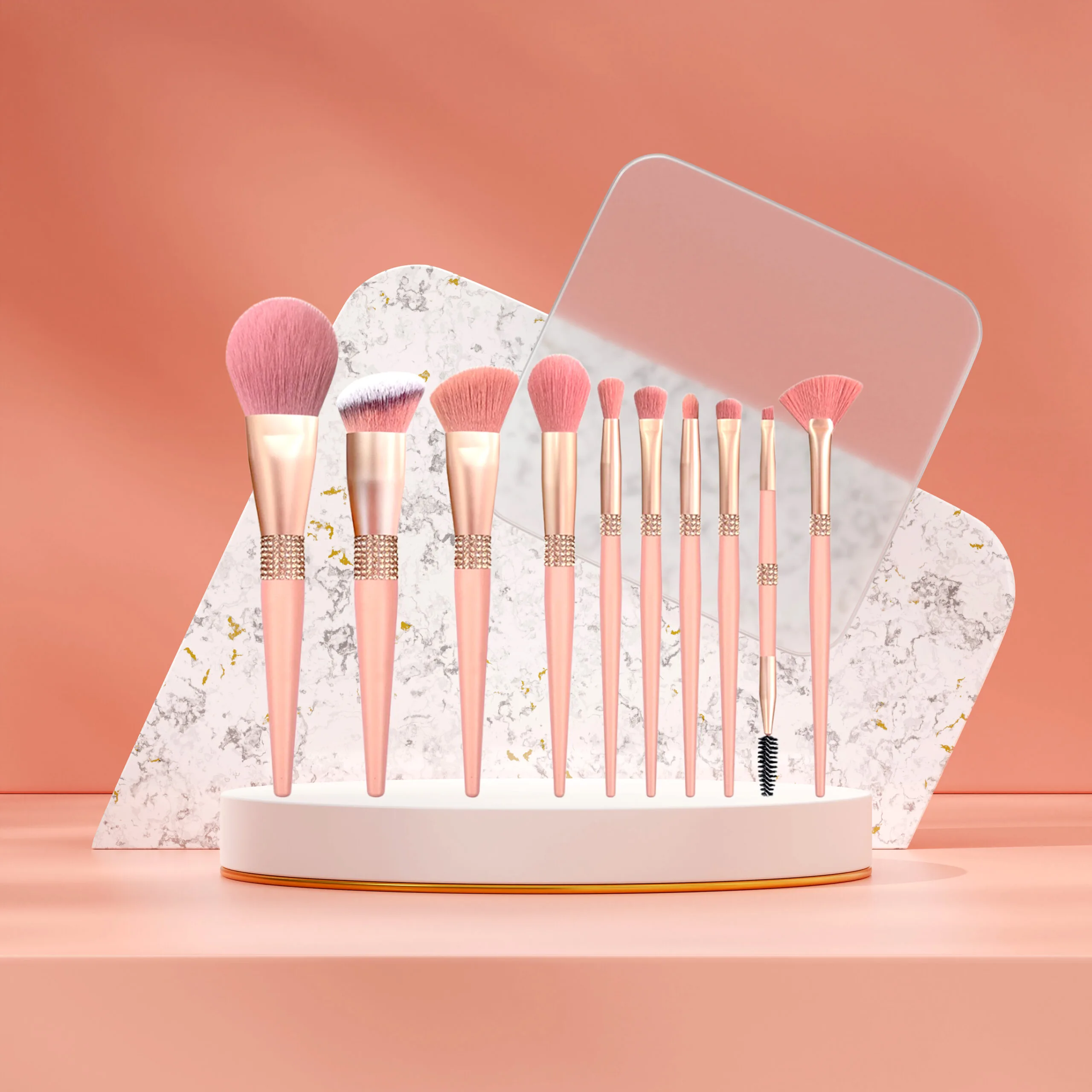 10pcs Coral Red Makeup Brush Set