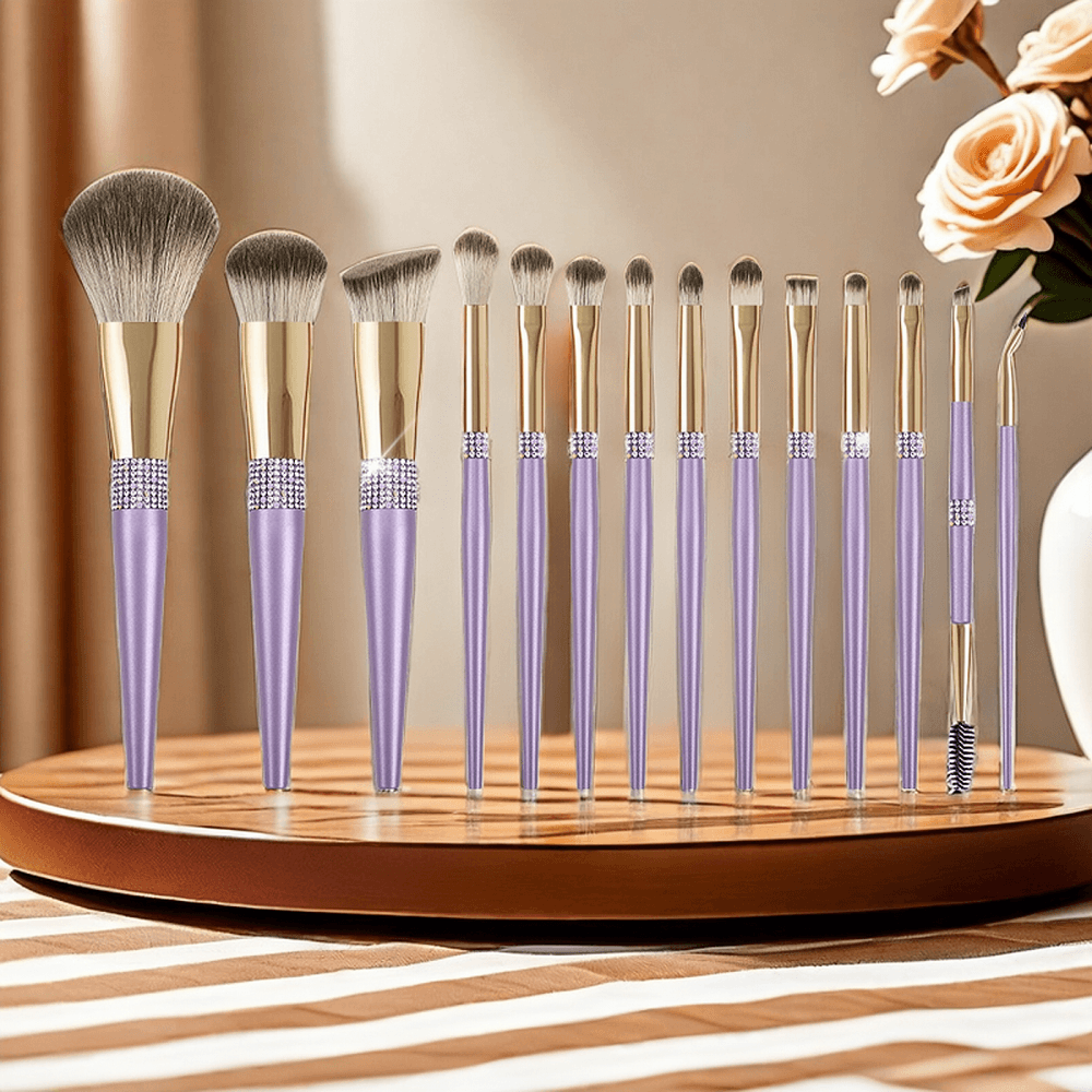 14PCS makeup brushes with applique diamond design in purple